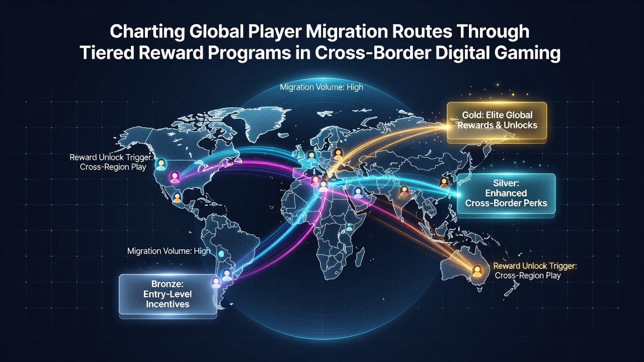 Infographic showing tier progression levels and corresponding player migration statistics across continents