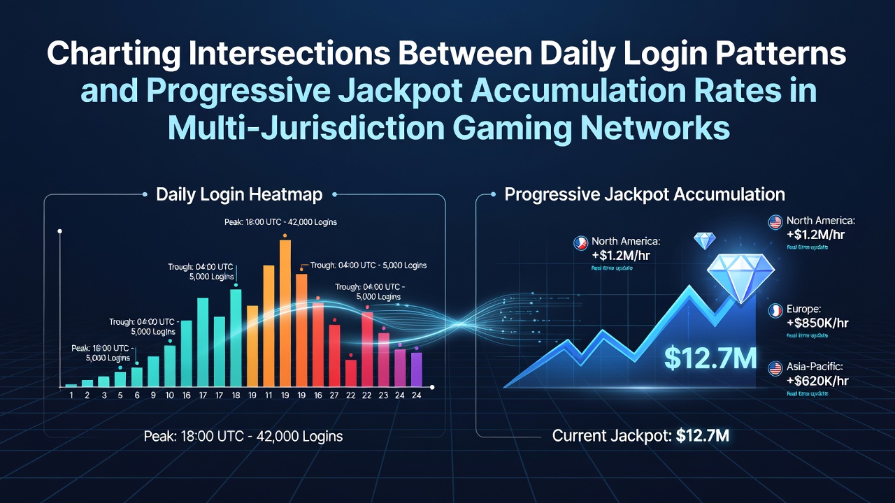 Network visualization showing login heatmaps overlaid with progressive jackpot growth curves across multiple gaming jurisdictions