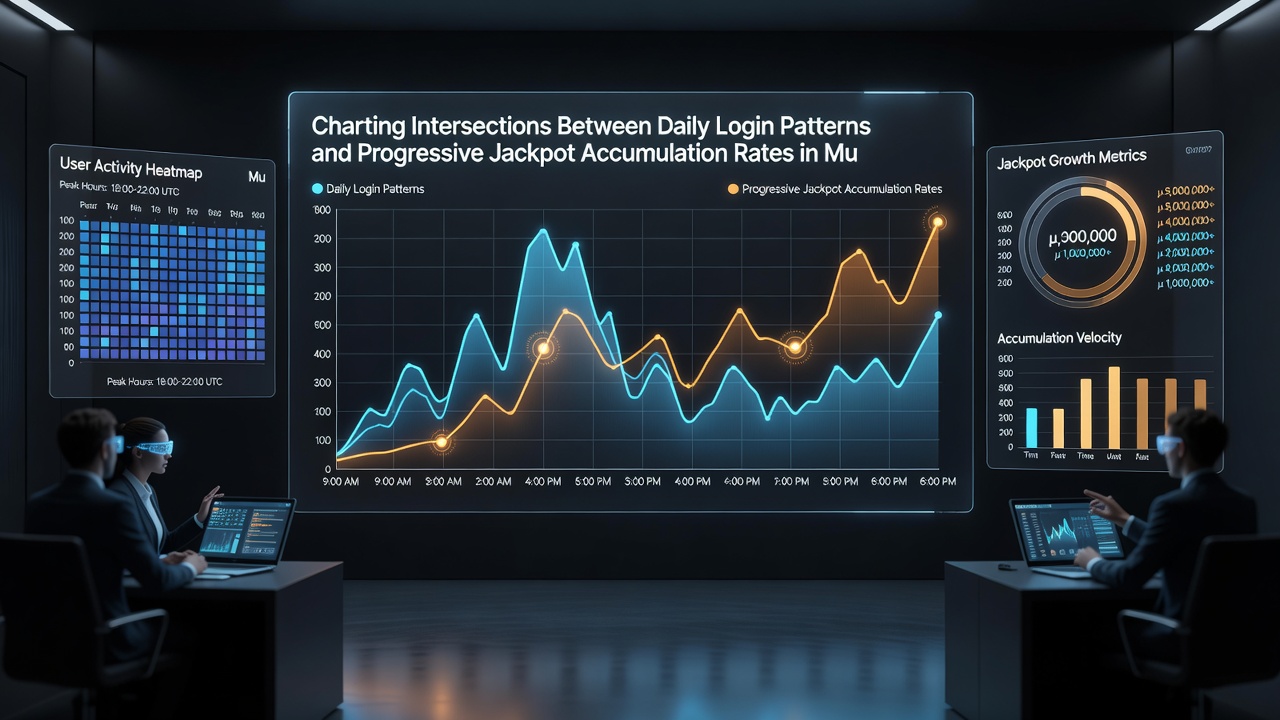 Data dashboard displaying correlation graphs of hourly logins versus progressive meter increments in cross-border gaming systems