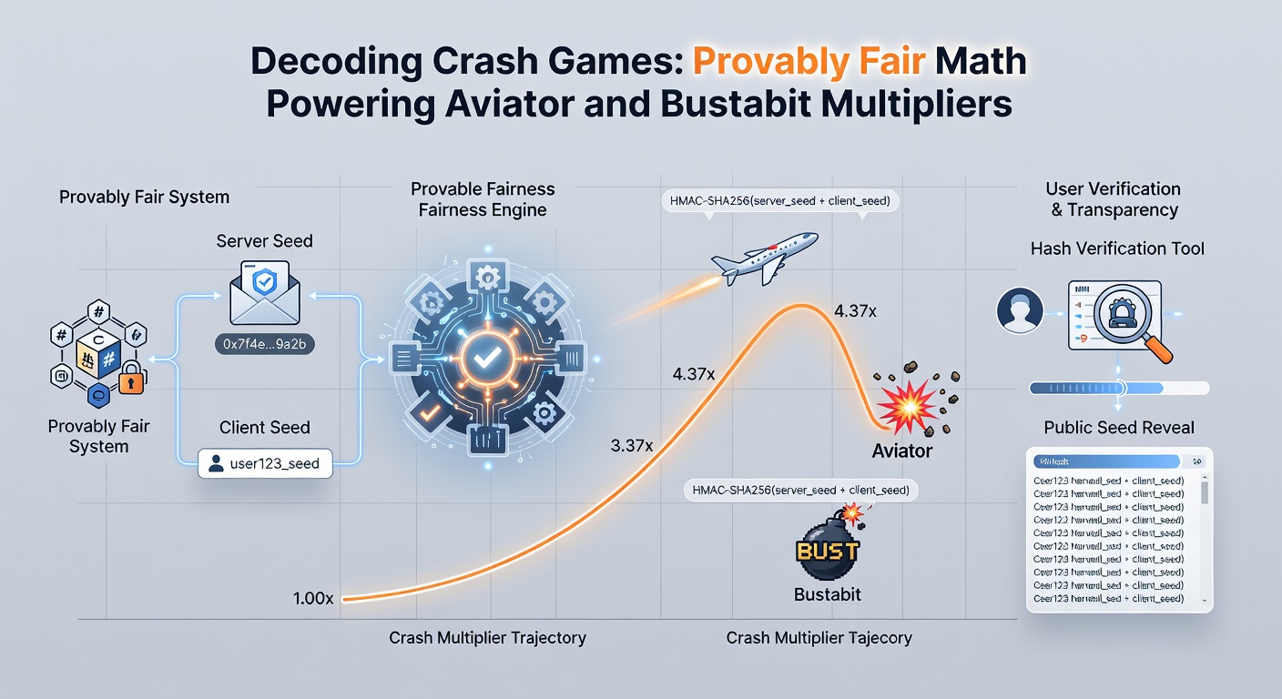 Detailed flowchart depicting the provably fair verification process, from seed generation and hashing to crash point calculation and player validation.