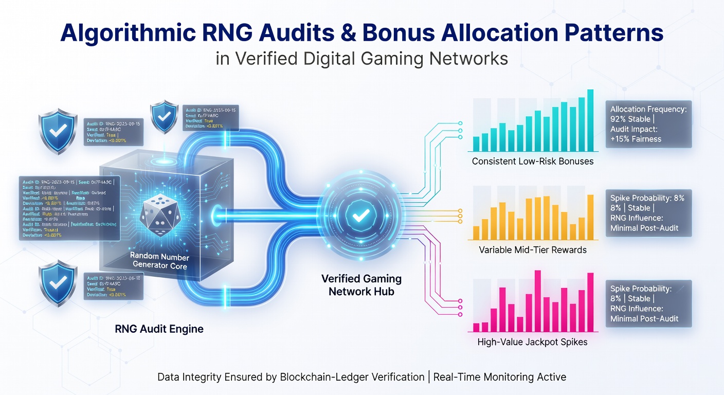 Flowchart illustrating how RNG certification results feed into bonus engine adjustments within licensed gaming networks