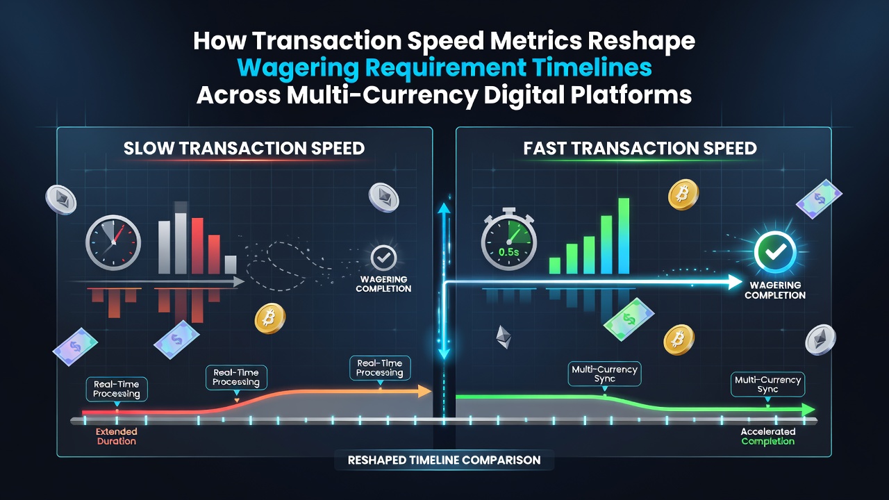 Analytics dashboard displaying transaction speed metrics and wagering timeline adjustments on a multi-currency platform