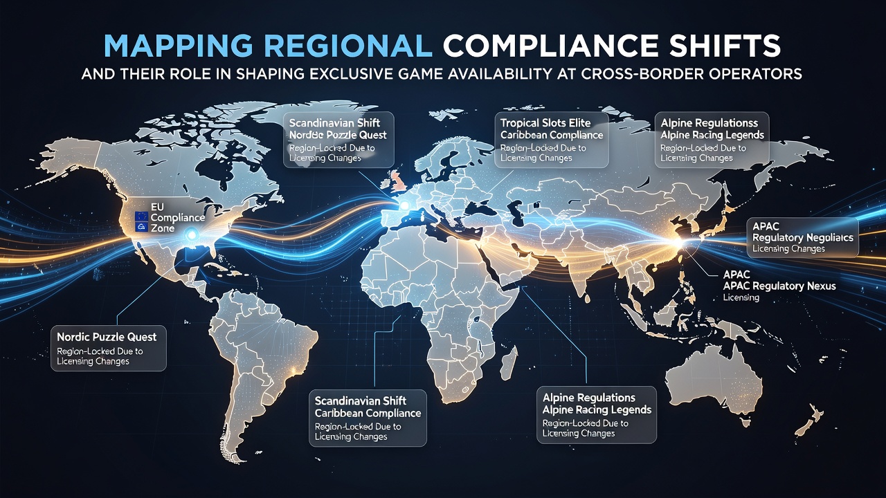 Map illustrating regional compliance variations affecting game distribution across international gaming platforms