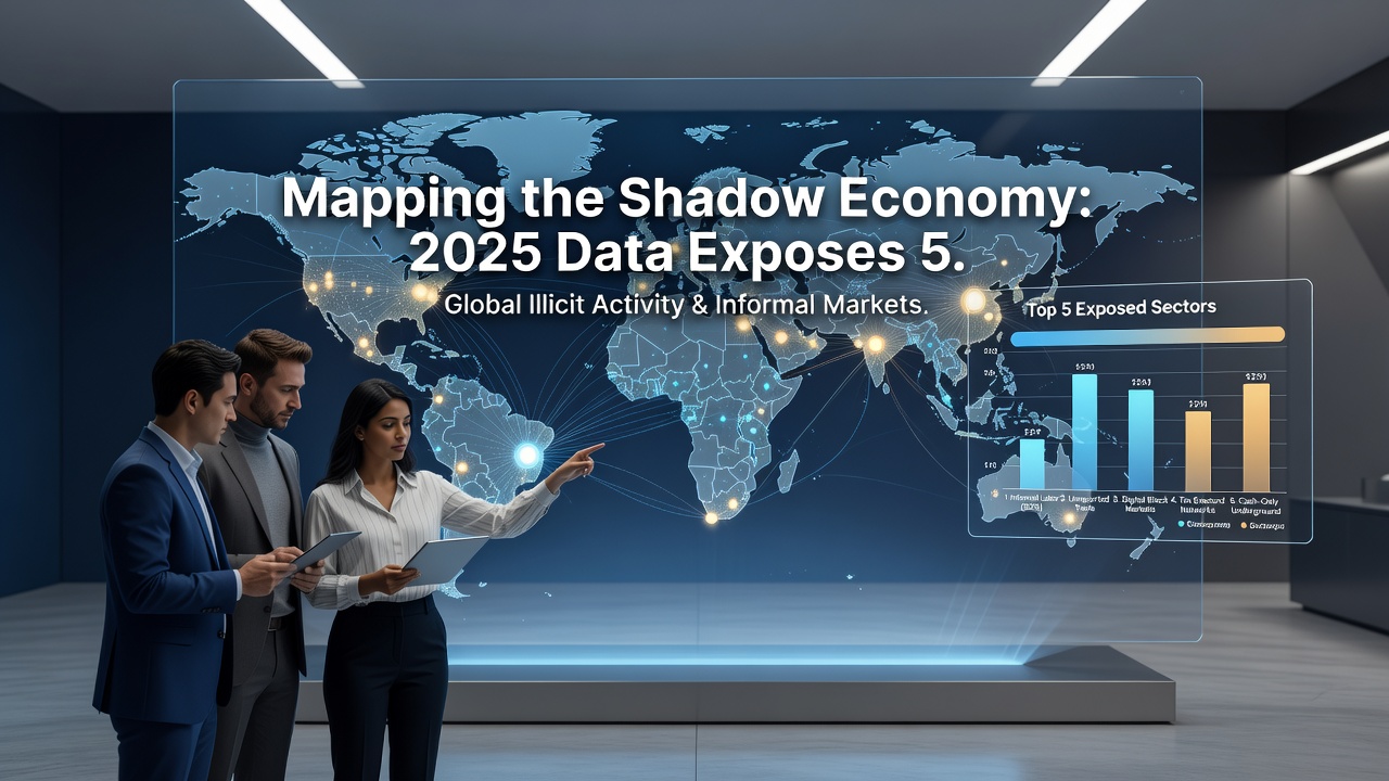 Infographic showing five key sectors contributing to the shadow economy with percentage breakdowns from 2025 data