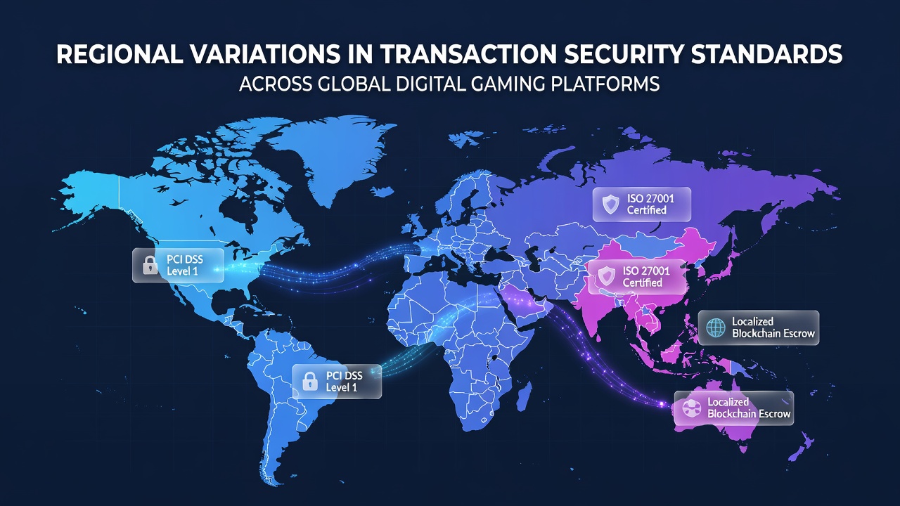 Global map highlighting security standard variations in digital gaming transaction protocols across continents