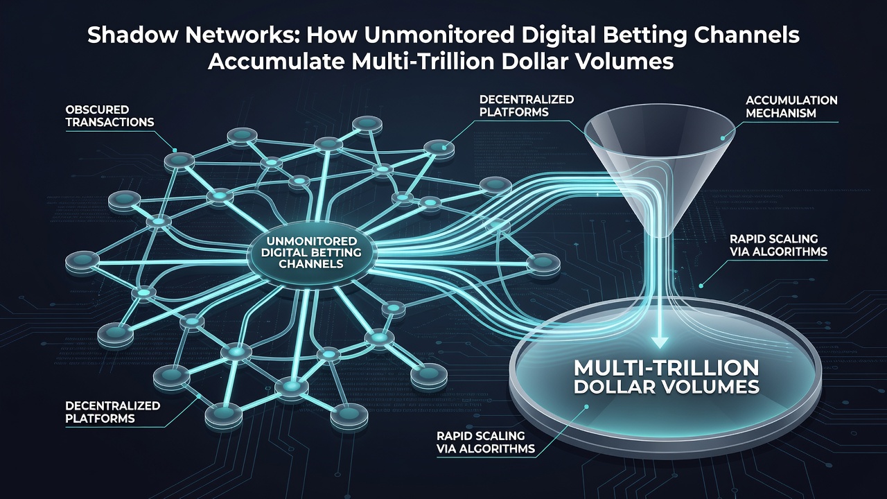 Infographic detailing volume accumulation patterns within shadow betting networks across regions and time periods