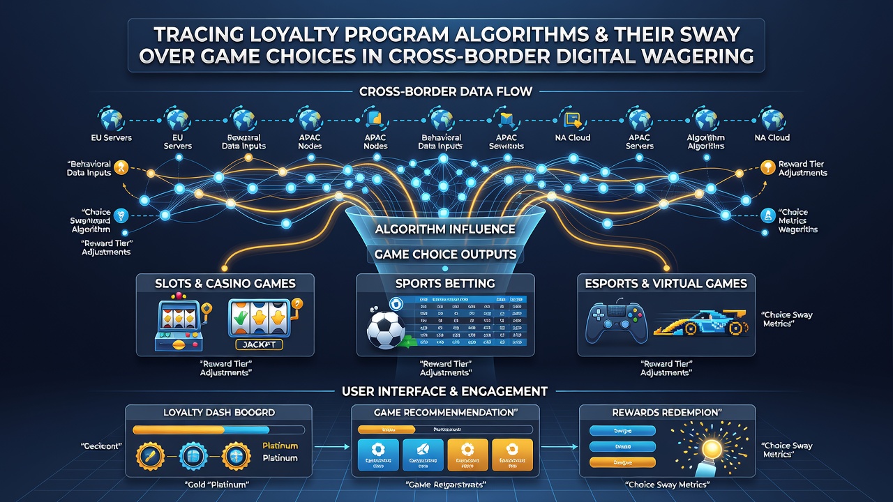 Network diagram illustrating data flow between loyalty algorithm servers and game catalog databases across multiple jurisdictions
