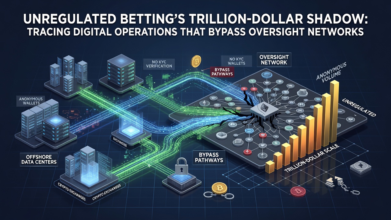 Blockchain transaction flow diagram illustrating cryptocurrency routing in unregulated betting systems