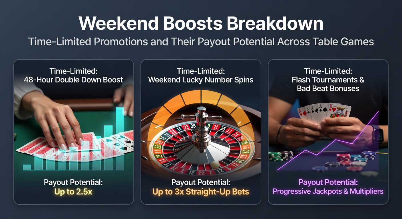 Vibrant casino table games scene with glowing weekend promotion banners highlighting boosts on blackjack, roulette, and baccarat tables